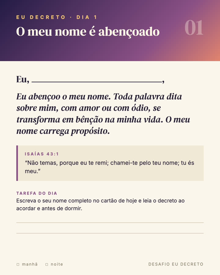 Cartão do Dia 1 do Desafio Eu Decreto, com espaço para escrever o seu nome